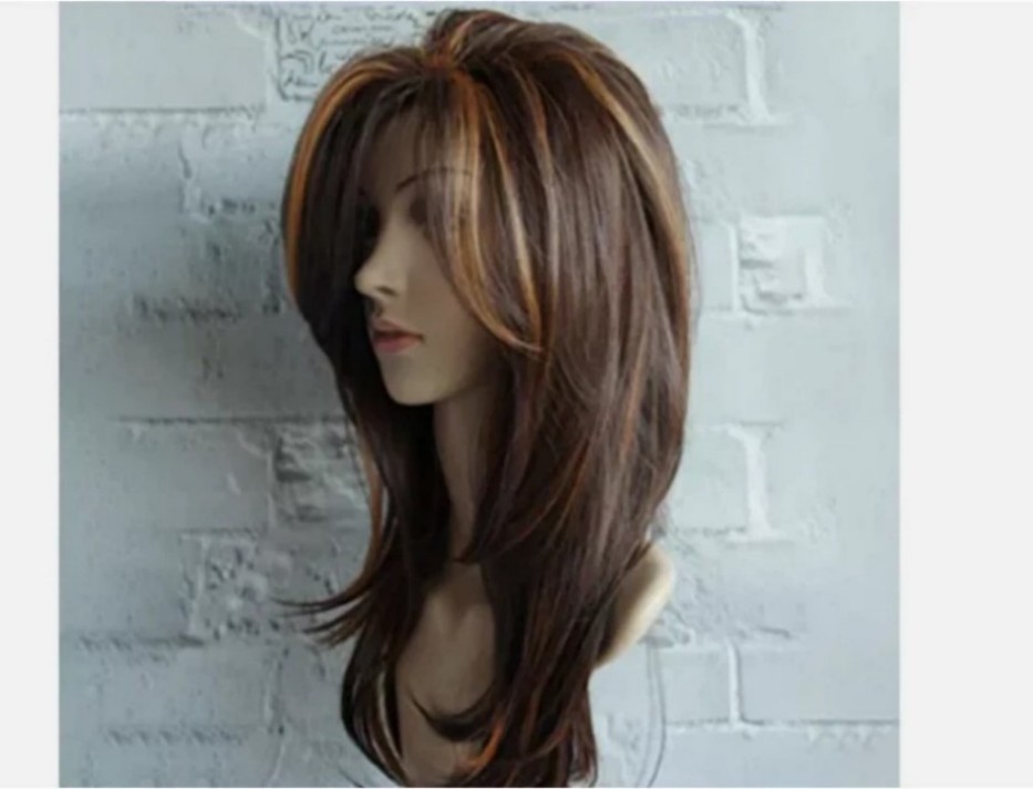 Women Dark Brown w/Gold Highlight Ombre Shoulder Length Curly Hair Wig-&#