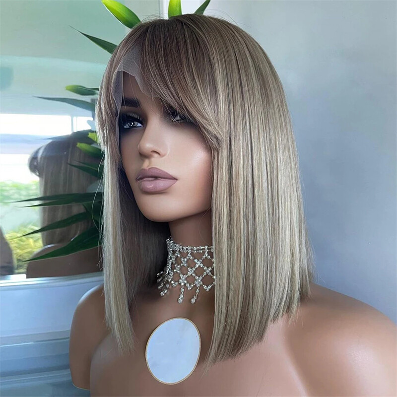 Highlight Bob Wig Ombre Blonde Short Straight Human Hair T Part Lace Front Wig