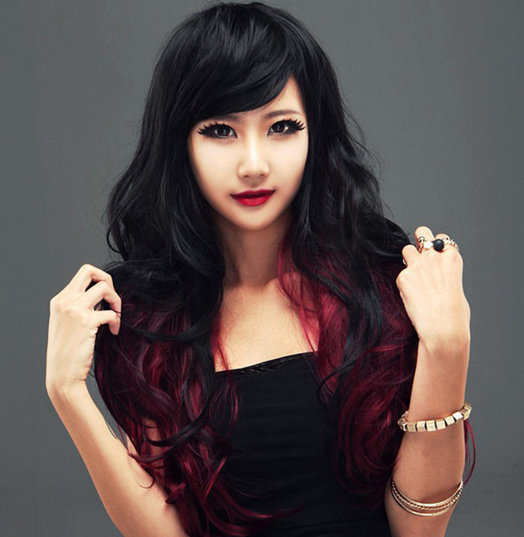 New Fashion Sexy Long Black Red Curly Wavy Women Lady Hair Wig Wigs + Wig Cap