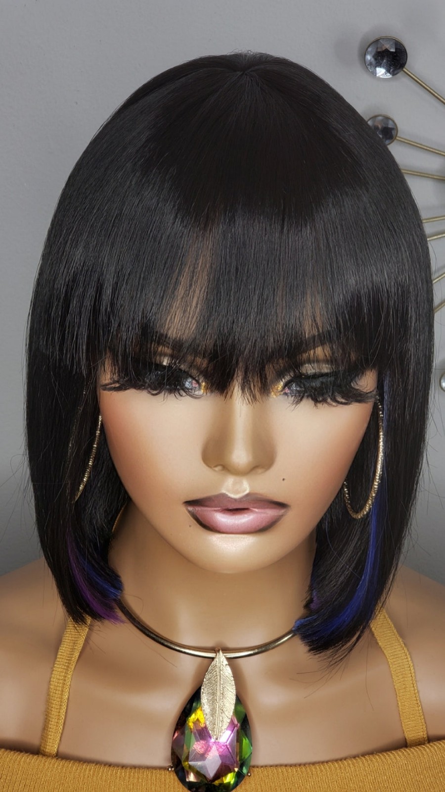 New Short Human Hair Blend Straight Bob Wrap Full Cap Wig Black Blue Purple Wig