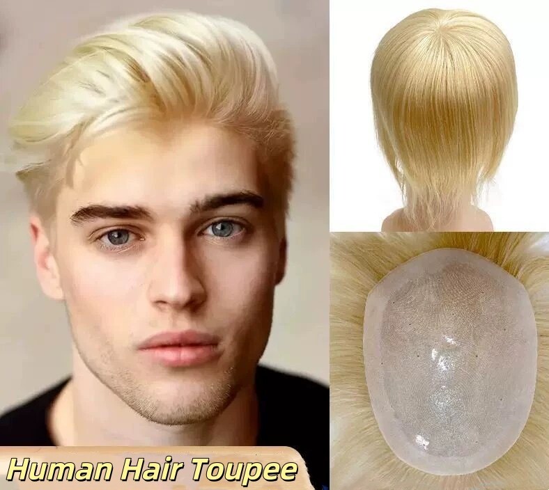Mens Toupee Thin Pu Skin Hairpiece Virgin Human Hair System Replacement