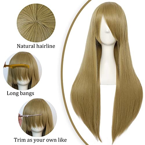 Anogol Hair Cap+32Inch/80cm Blonde Wig With Bangs Peluca rubia Straight Wig For