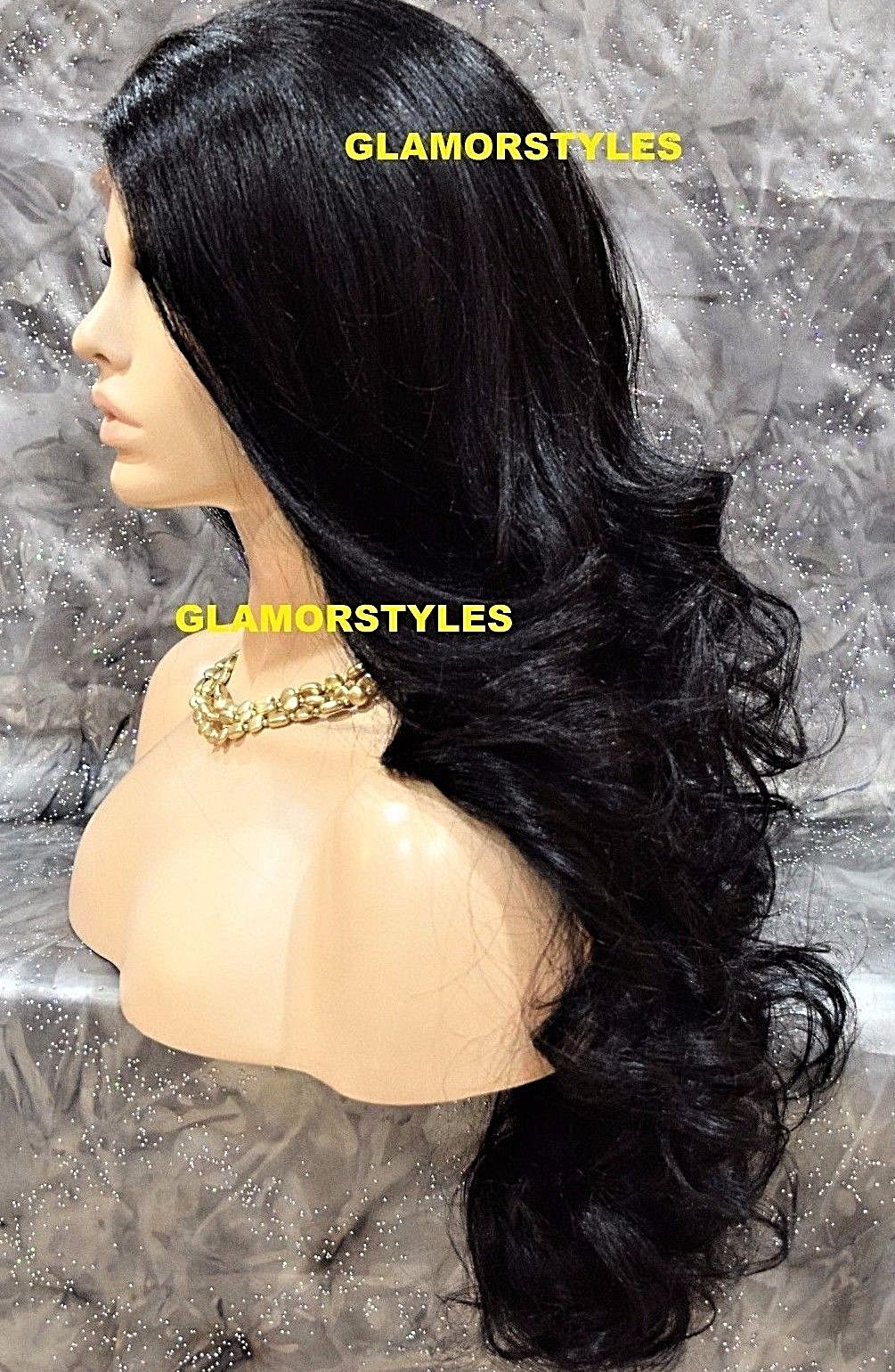 LACE FRONT FULL WIG LONG WAVY LAYERED SIDE PART OFF BLACK #1B HEAT OK NWT