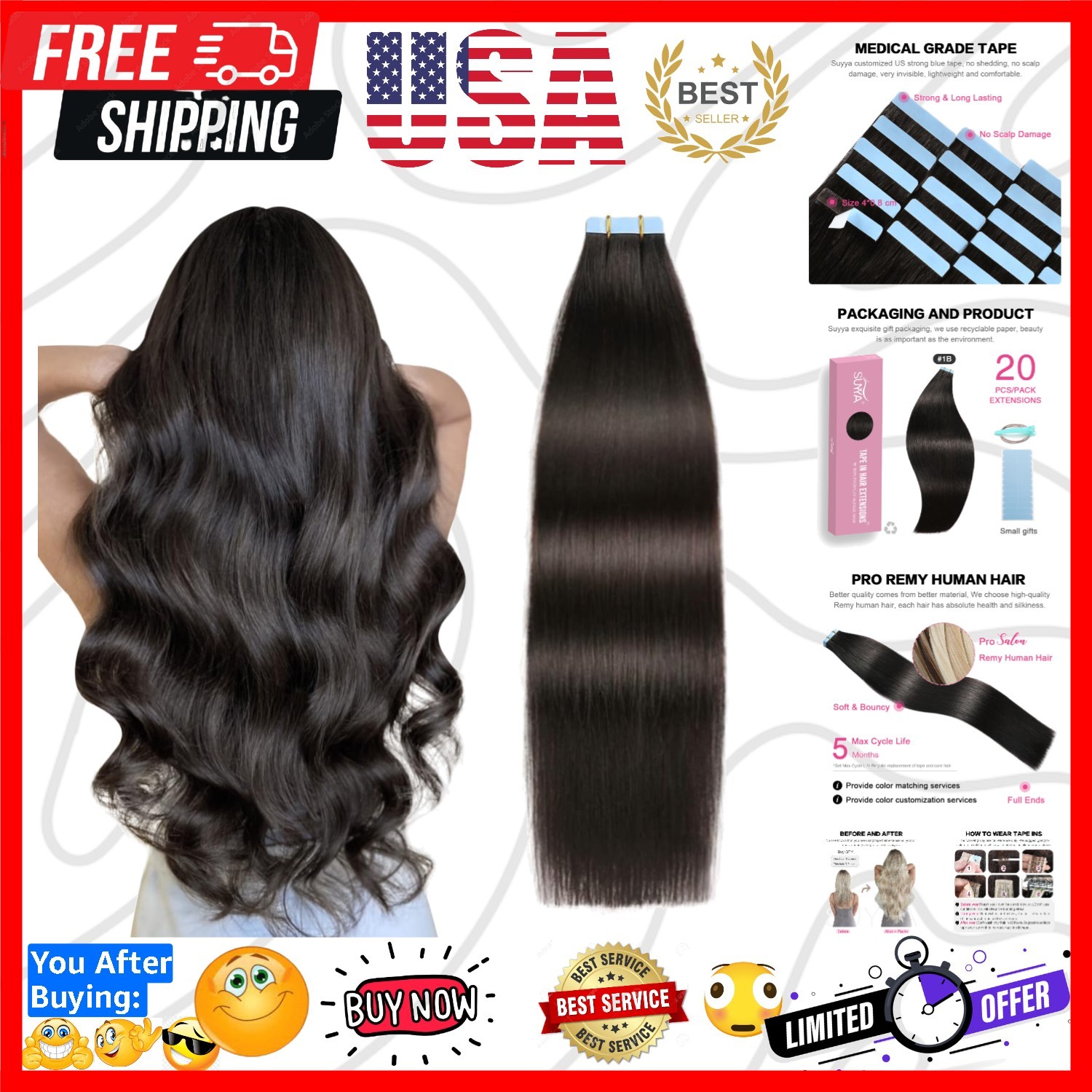 Tape in Hair Extensions 100% Remy Human Hair 16 inches 20pcs 40g/pack Straigh…