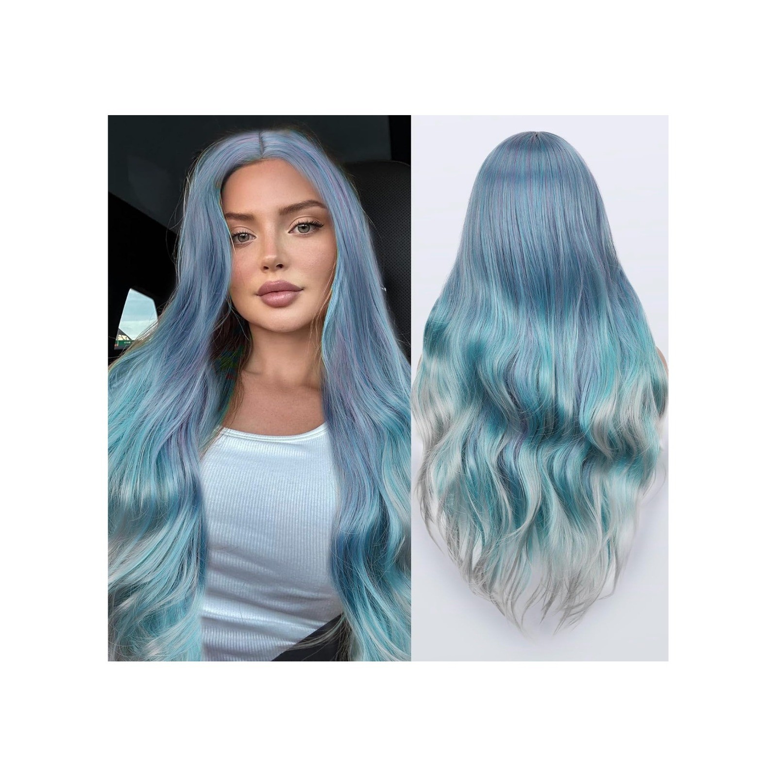 FAVE Mermaid Wig Ombre Blue Mixed Lilac Gray Long Wavy 28″ Synthetic Cosplay Wig