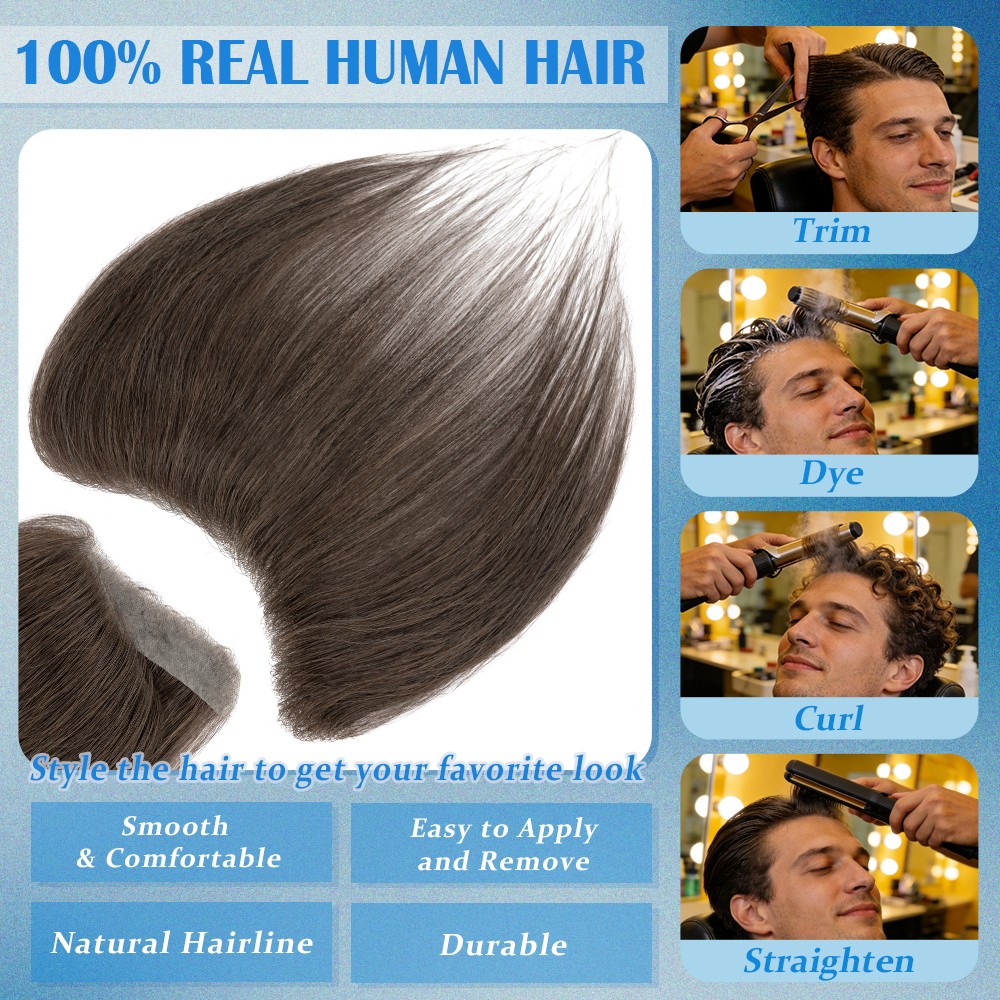 100% Real Men’s Forehead Toupee Human Hair Frontal Receding Hairline Hairpiece