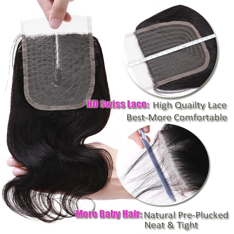 Unprocessed 3Bundles with 4*4 T Lace Closure Indian Virgin Human Hair Weave Weft