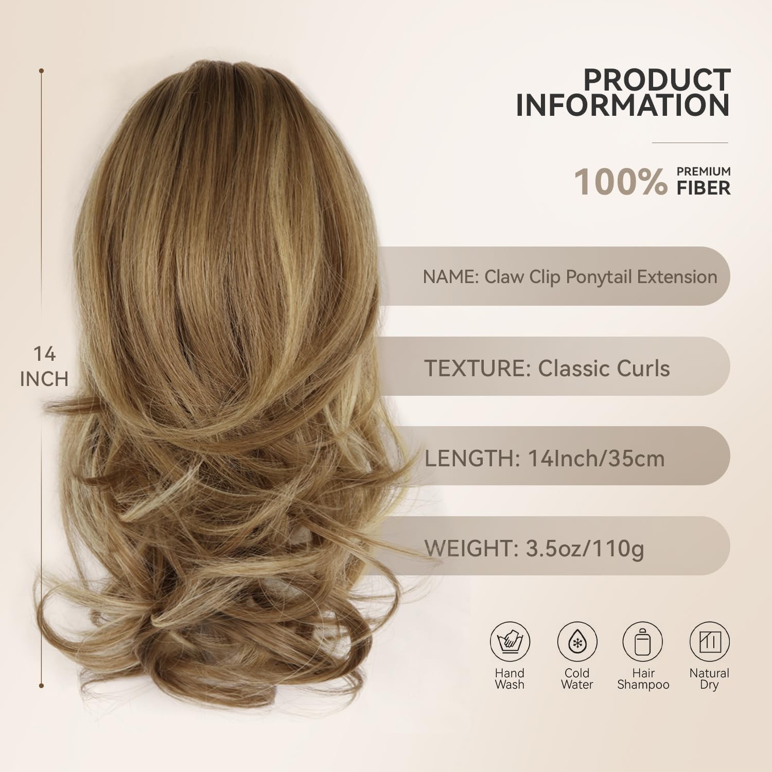 14 Inch Ponytail Extension – Wavy 14 Inch, Light Brown With Beige Highlights