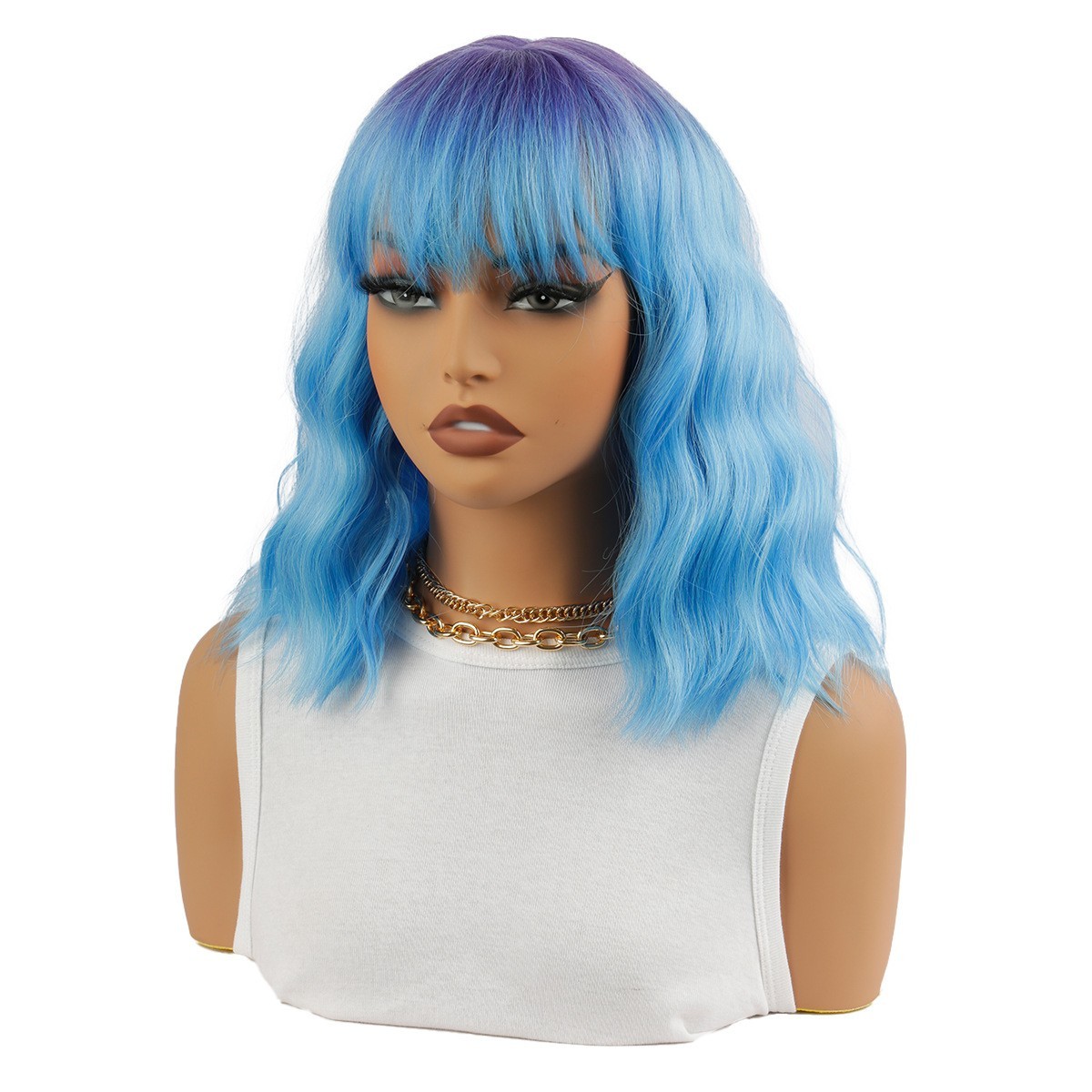 Blue Purple Ombre Wavy Bob Wig with Bangs Synthetic Women Cosplay Daily