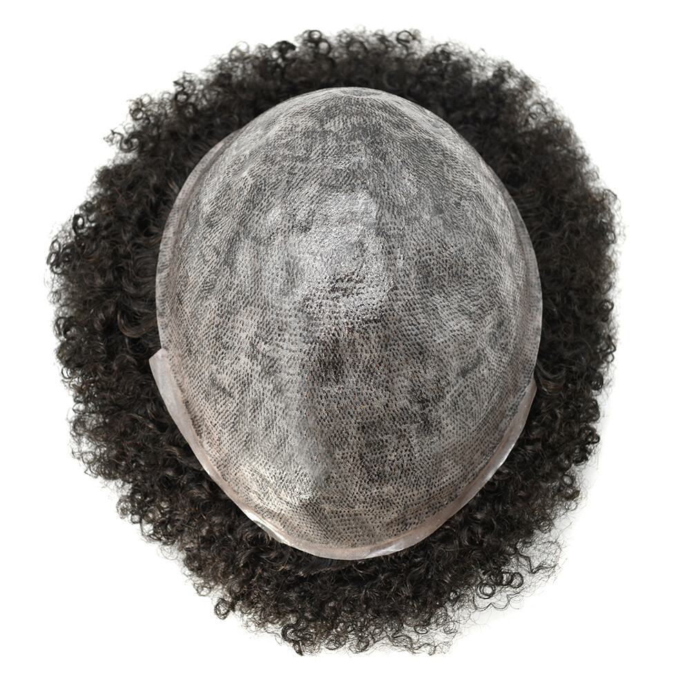 Afro Curly Men Toupee Hairpiece Full Poly Human Hair Replacements Jet Black 6MM