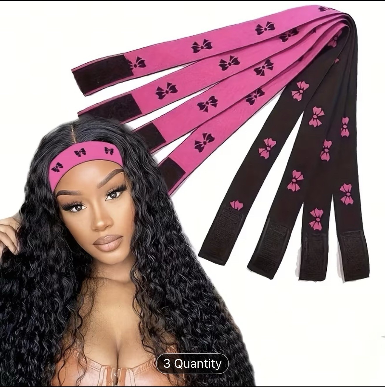 3 – Adjustable Wig Lace Melt Bands Stretchy Reusable Pink/Black One Size Women
