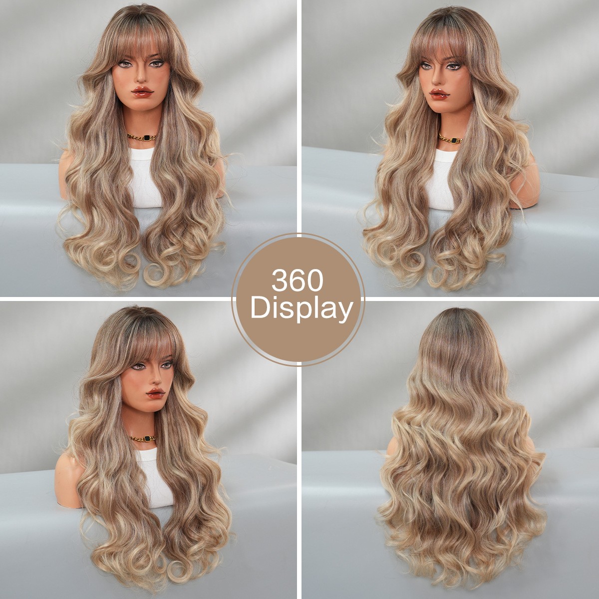 Long Blonde Highlight Wig with Bangs Heat-Resistant Natural Scalp Synthetic wig