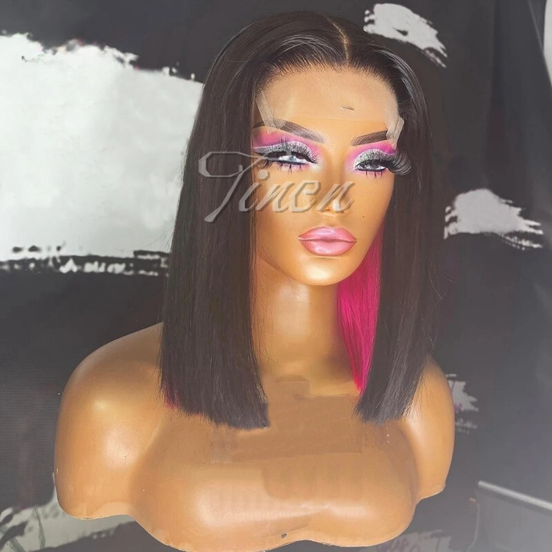 Hot Pink Underneath Dyed Hair Synthetic Lace front Black BOB Hair Straight Wigs