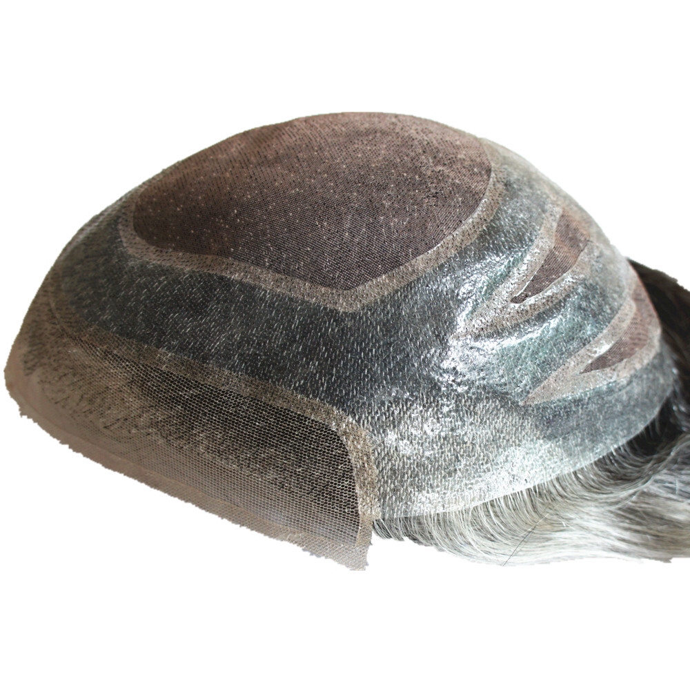 N.L.W Toupee for mens lace and pu human hair pieces gray base 10×8″