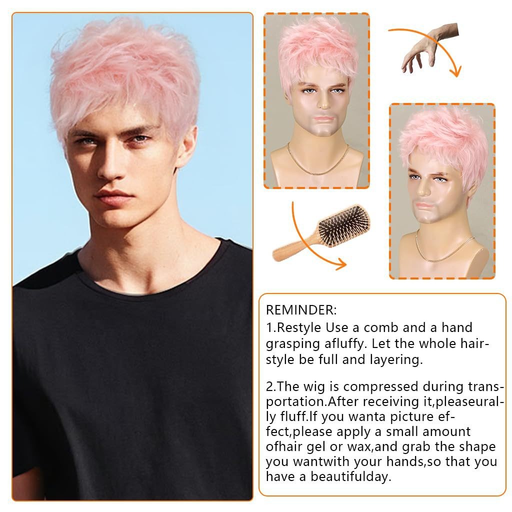 Unisex 6in Short Pink Wig Heat Resistant Synthetic Cosplay Party Wig