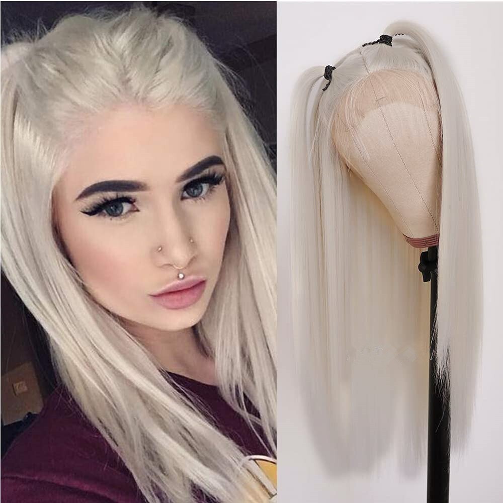 Women Glueless Synthetic Lace Front Wig Straight White Heat Resistant Hair Wigs
