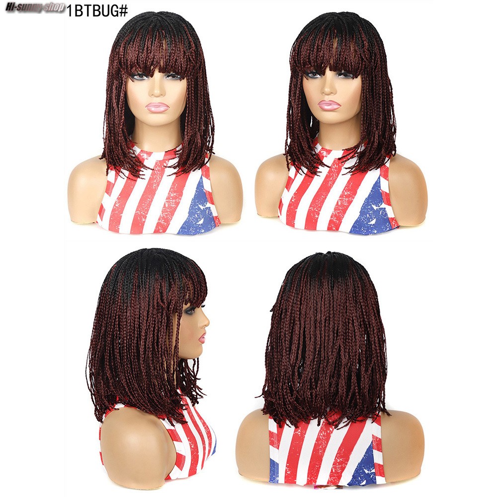14″ Short BOB Box Braids Wigs for Black Women Synthetic Braiding Wigs Neat Bangs