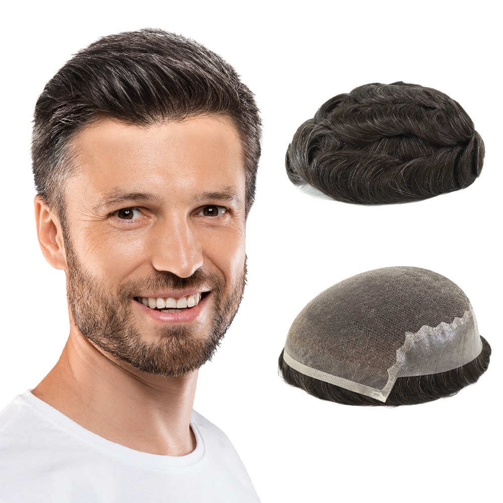 Toupee For Mens Human Hair Replecement System French Lace Skin Grey Hairpiece Q6