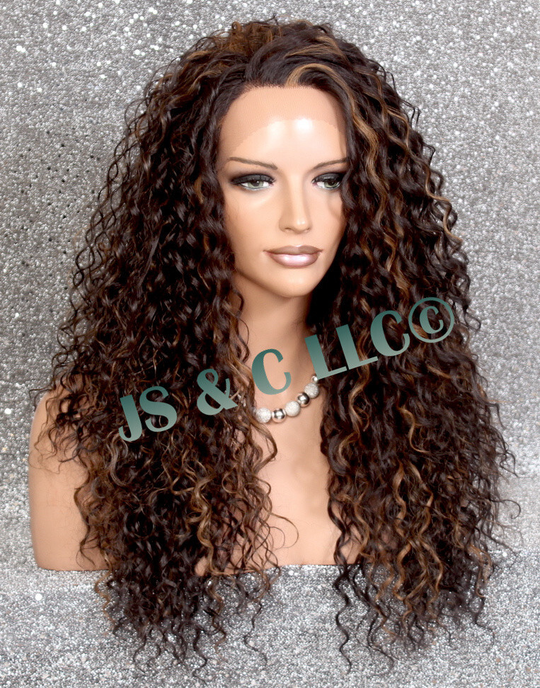 Human Hair blend Heat OK Wavy Curly Lace Front Wig Long Brown mixed DLY 4-27