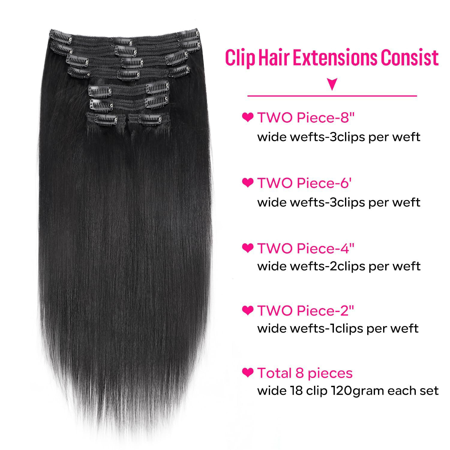 20″ Yaki Straight Clip-In Hair Extensions – Remy Human Hair #1B Natural Black