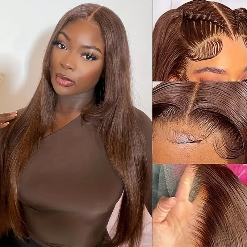 Long Medium Brown Full Lace Human Hair Wig Straight Full Lace Wig 180nsity