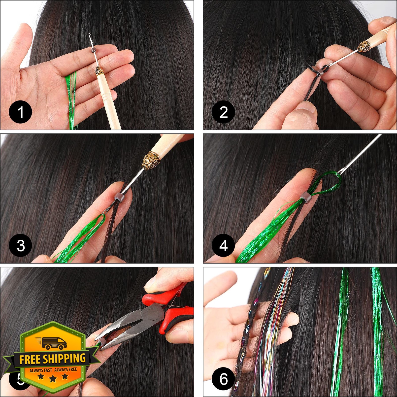 FEBSNOW Tinsel Hair Extensions Multi 3 Colors