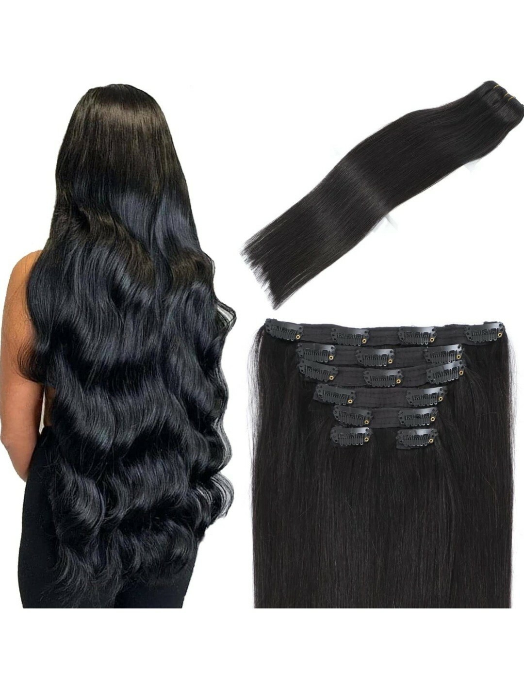 #1B Natural Black Clip in Hair Extensions Real Human Hair, 16 Inch 120g