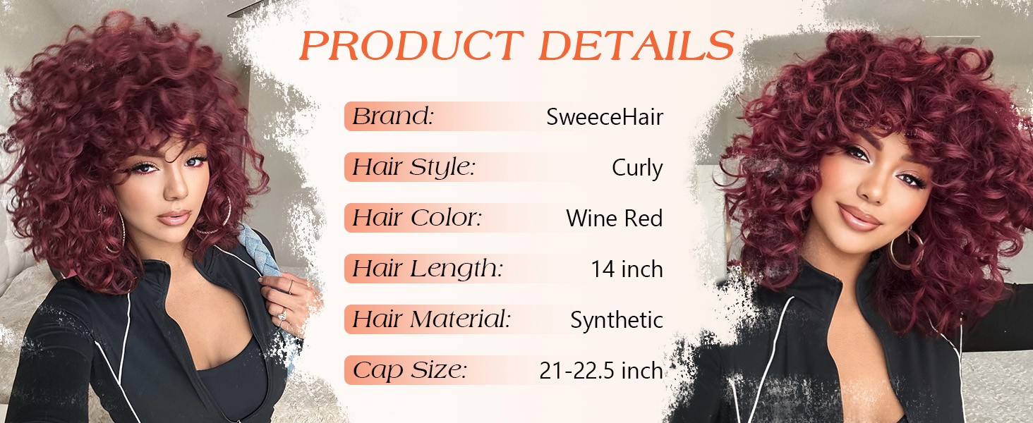 Short 14″ Wine Red Loose Curly Wig women bouncy afro curl synthetic daily party
