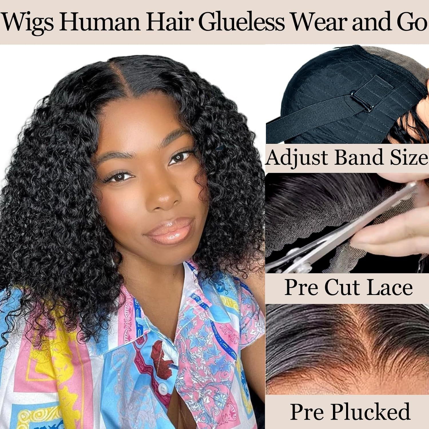 Wear and Go Glueless Bob Wigs Human Hair Pre Plucked Pre Cut Water Wave Curly Bo