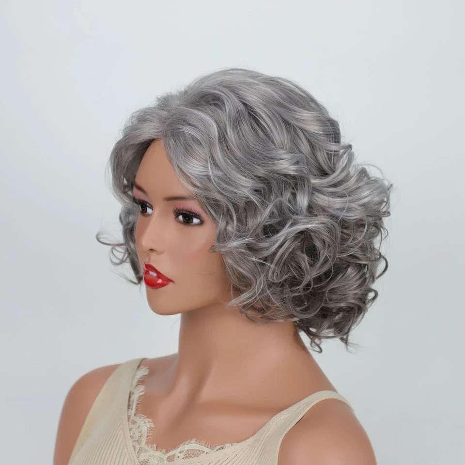 Short Silver Grey Curly Wigs for White Women Natural Curly Short Layered Pixie