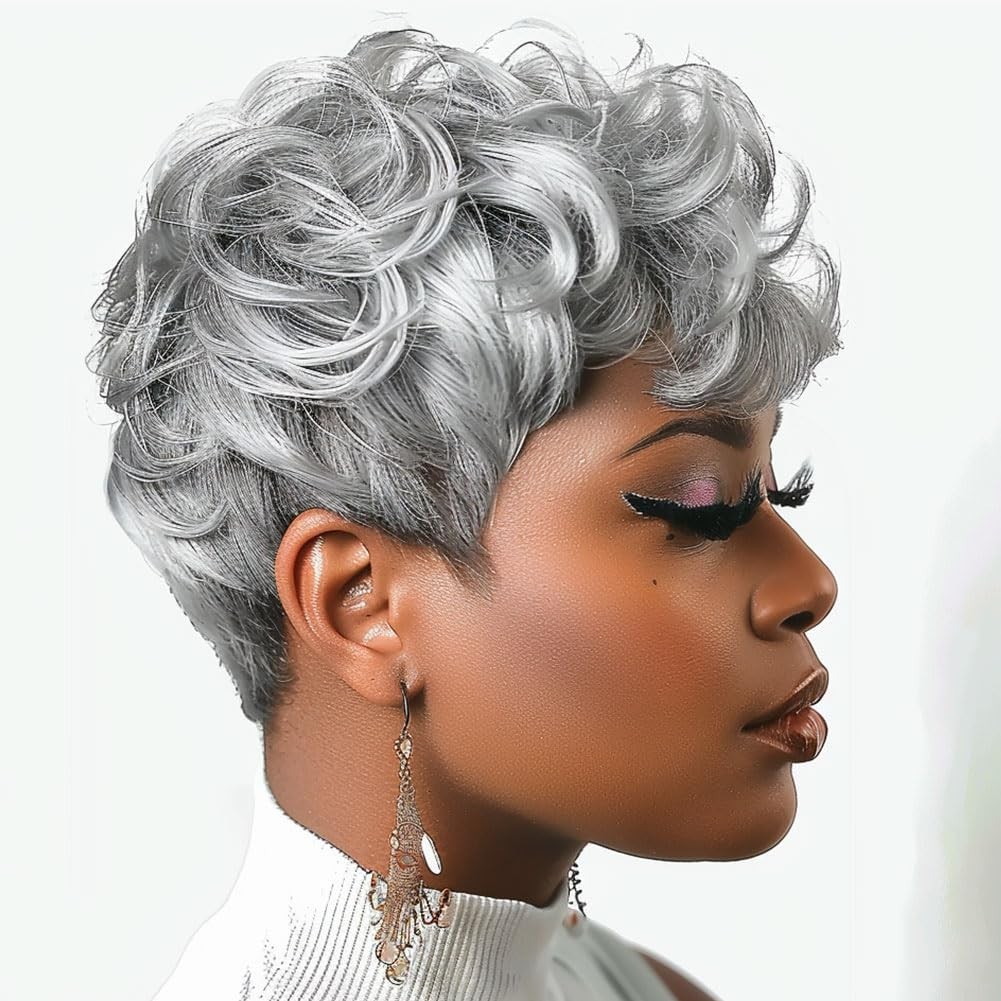 Chic Grey Pixie Wig for Women, Short Curly Style with Accessories Included