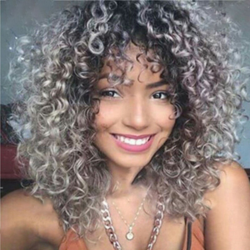 Short Black Grey Afro Curly Wave Synthetic Wig Heat Resistant Fashion Natural