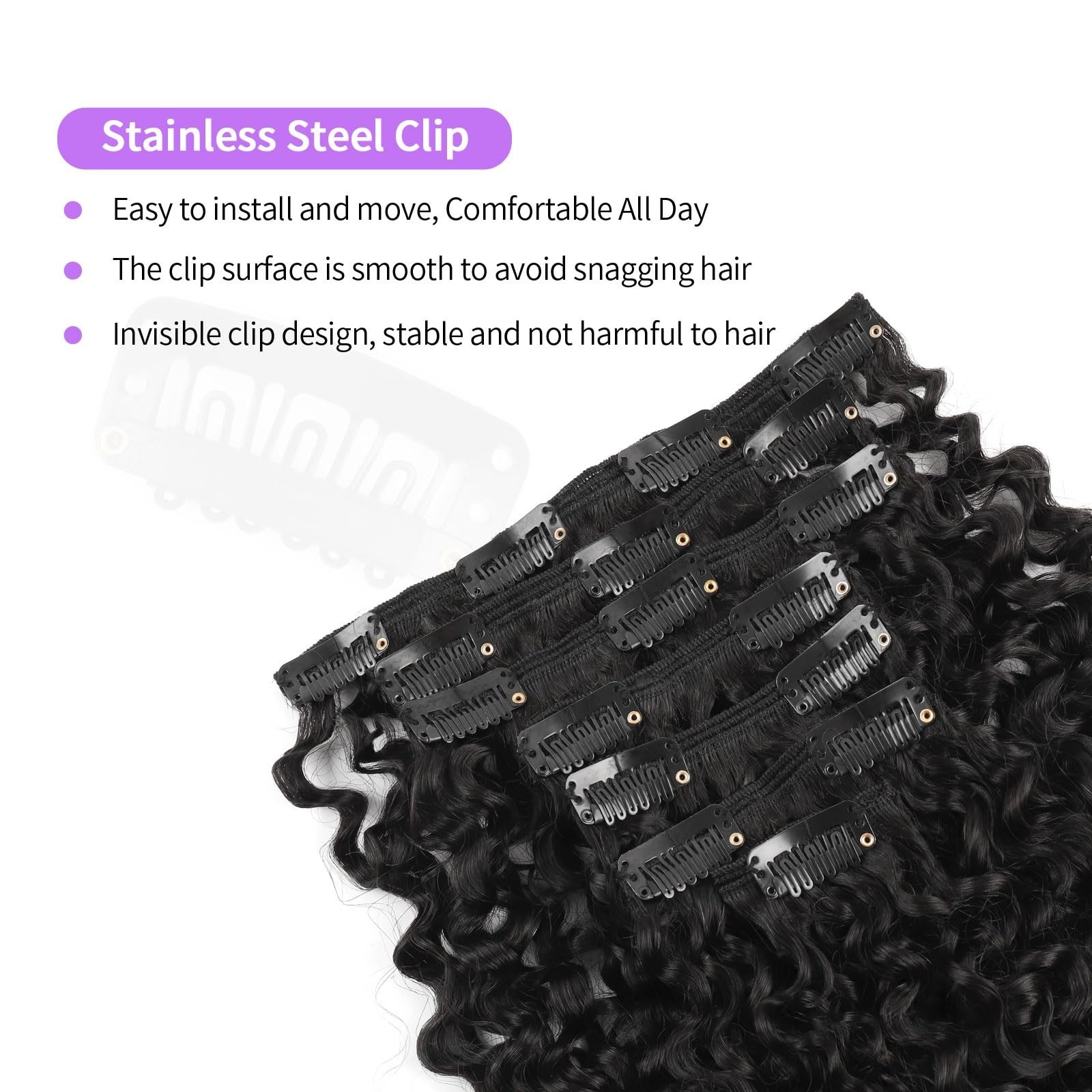 Curly Clip-In Hair Extensions – 22″ Natural Black, Thick & Soft, 120g, 7Pcs