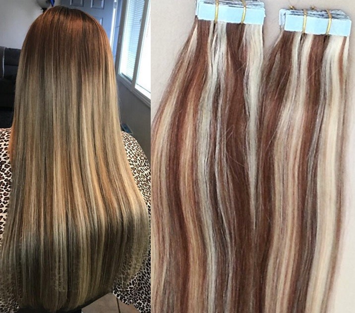 18″,20″ 100grs,40pcs, 100% HIGHLIGHTED Human Tape In Hair Extensions #4/613