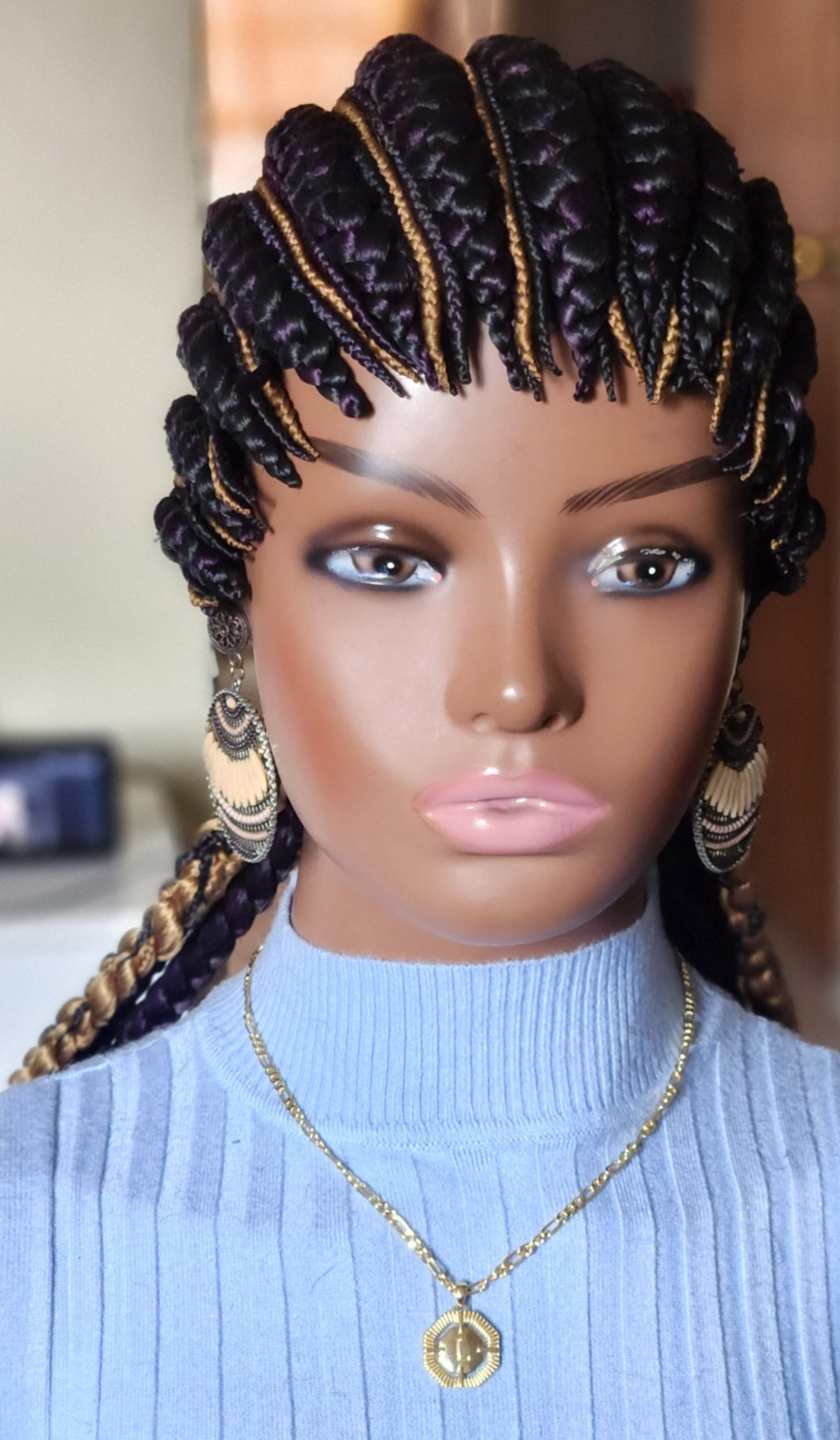Fully hand braided Ghana banana cornrows wig All back down 1B mix dark purple/27