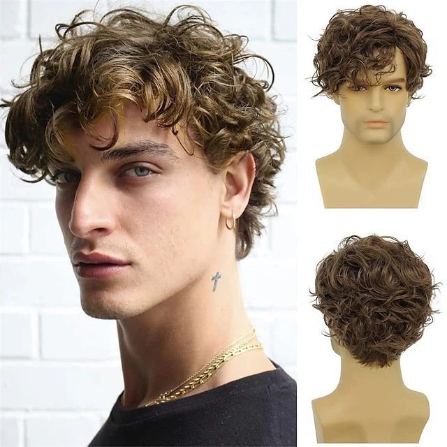 Men’s Short Curly Brown Synthetic Wig Natural Fluffy Wavy Hair with Bangs