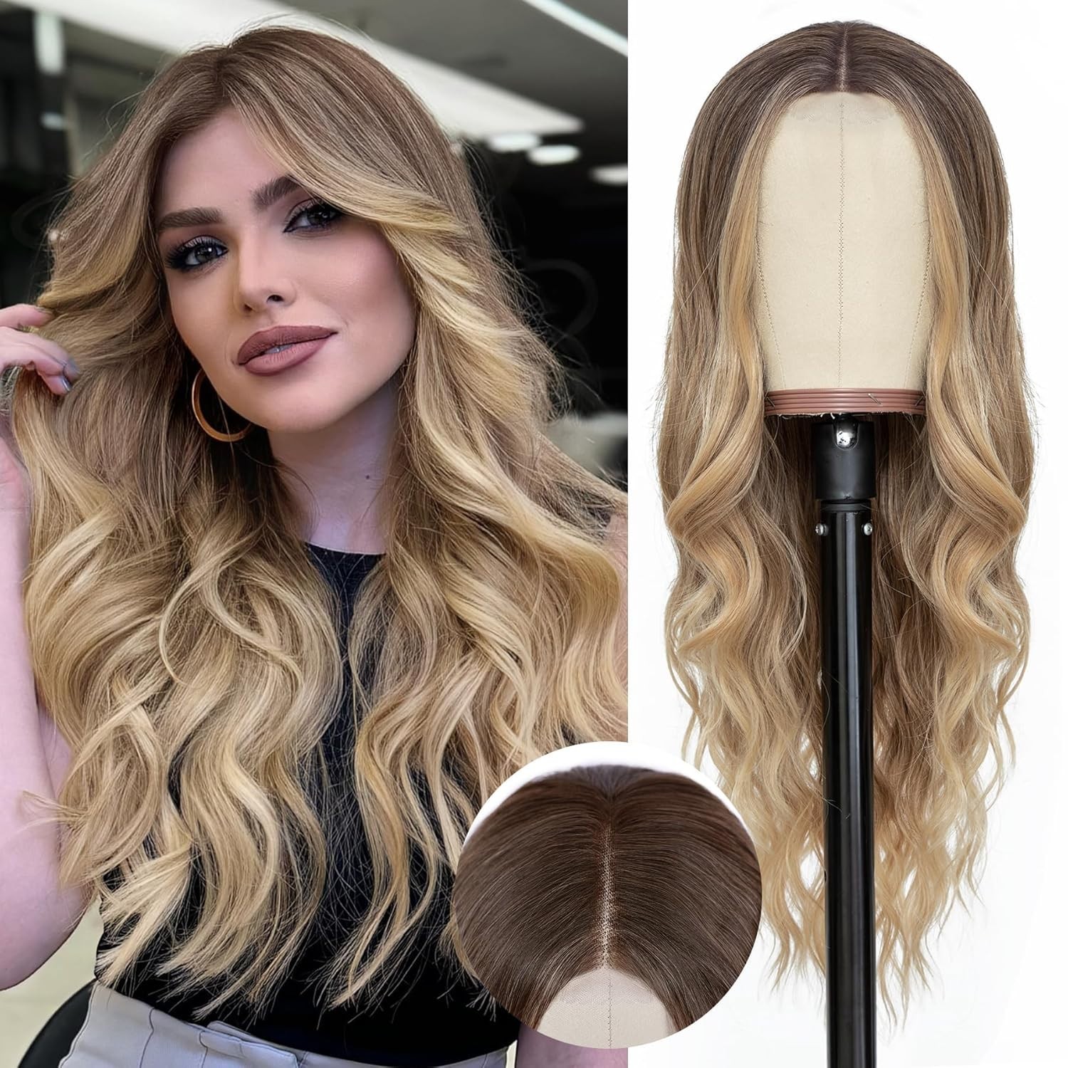 Long Ombre Blonde Wavy Lace Wig – Realistic Middle Part, Heat Resistant Fiber