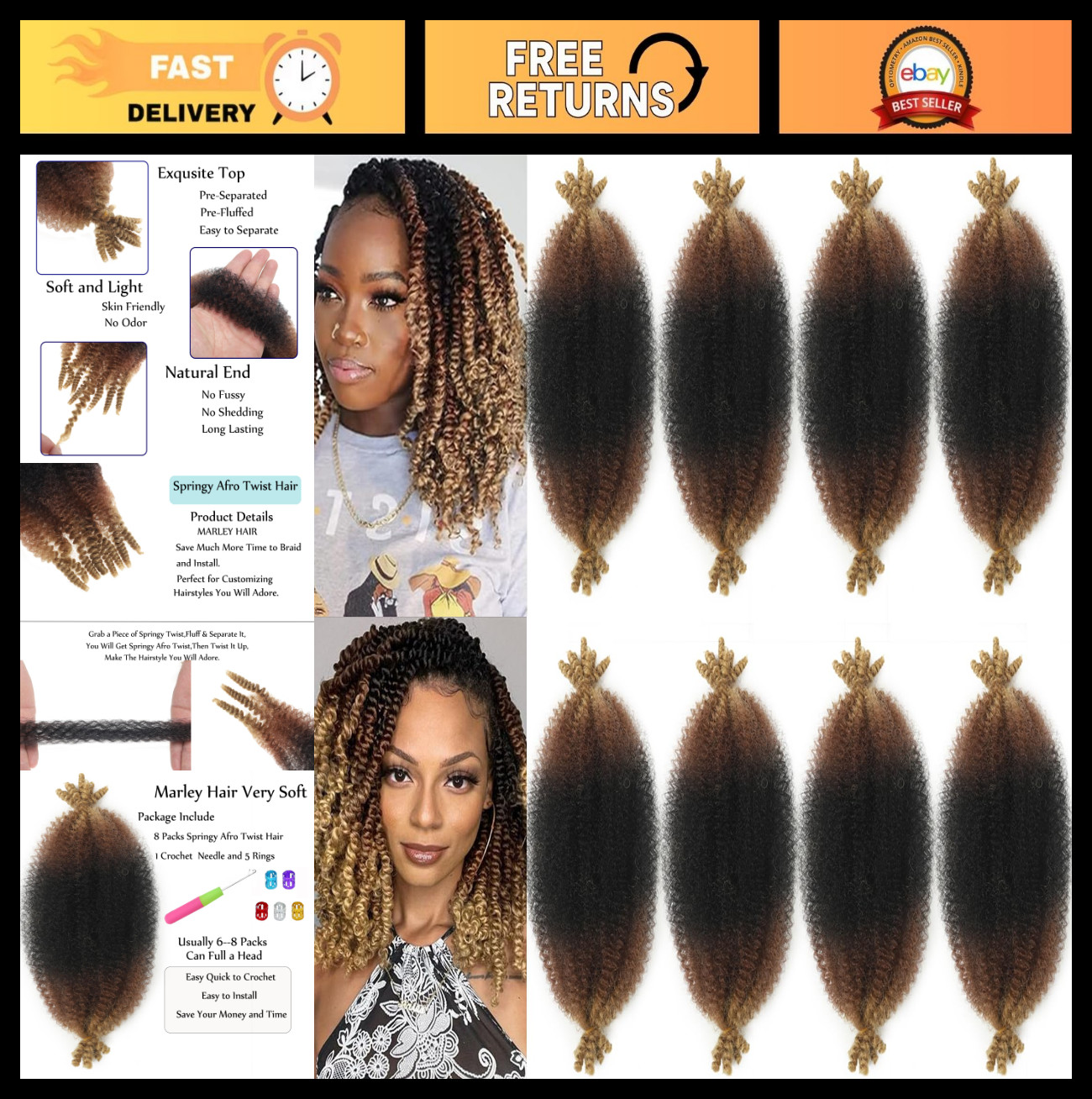 8 Inch Springy Afro Twist Braiding Hair – 3 Tone Kinky Hair, Pre-Separated, 8 Pa