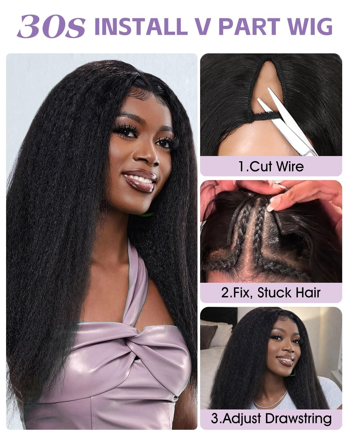 24 Inch Kinky Straight V Part Wig – 180% Density Clip-In Human Hair, No Glue, No