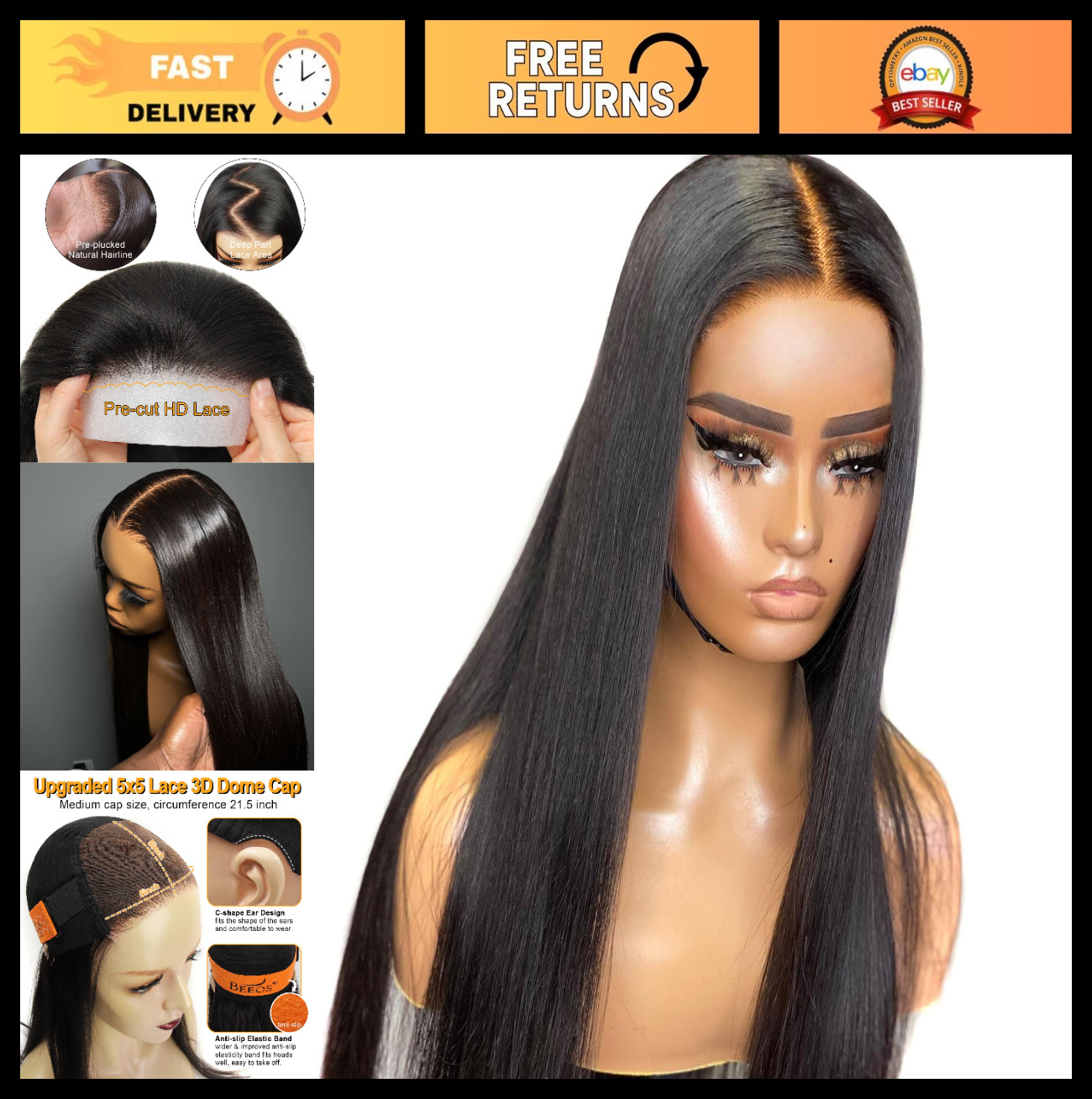 Glueless 5×5 HD Lace Closure Wig, Pre-Cut Ultra-Thin Invisible Lace, 180% Densit