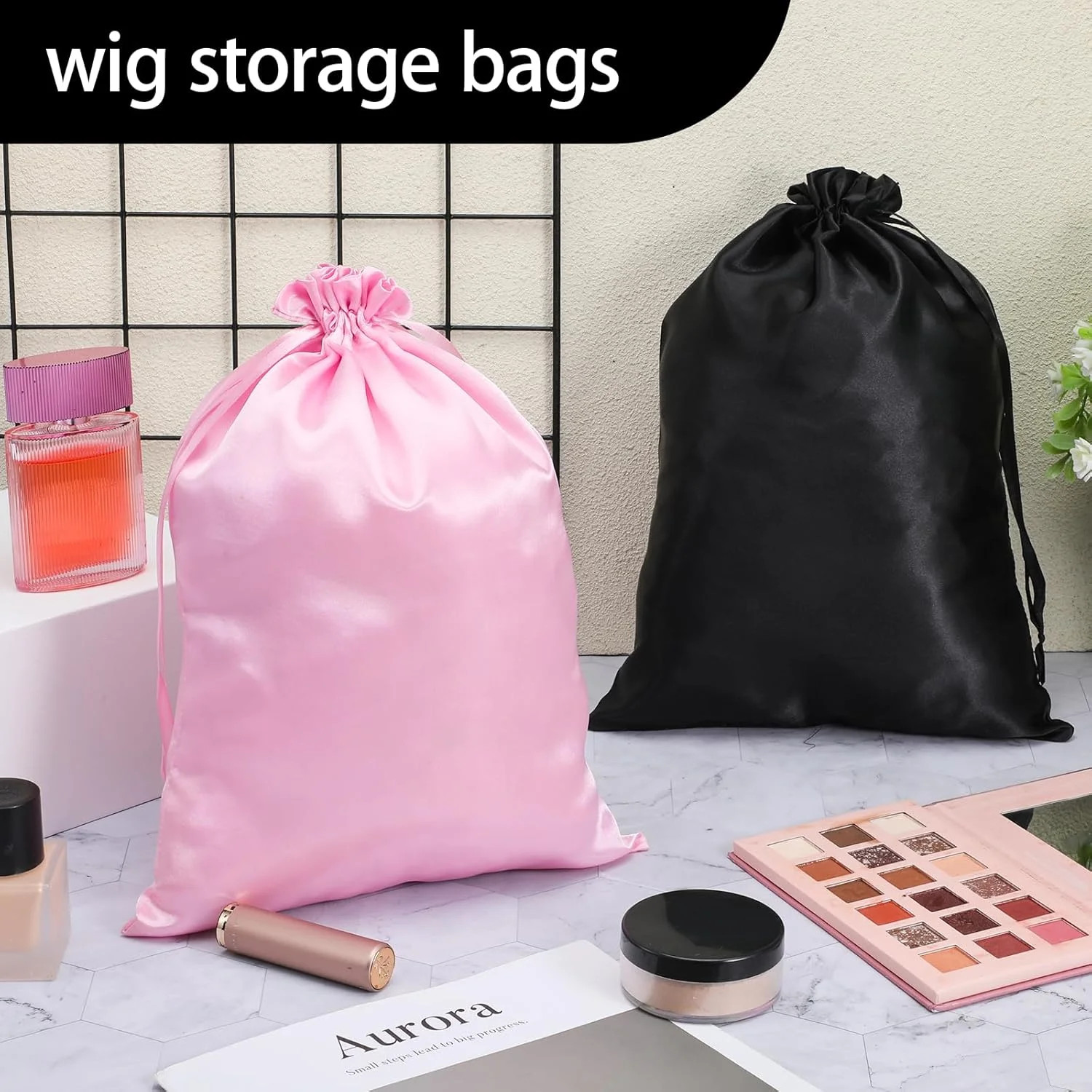 6Pcs Wig Bags with Satin Drawstring Hair Storage Bags for Packaging Wigs Extensi