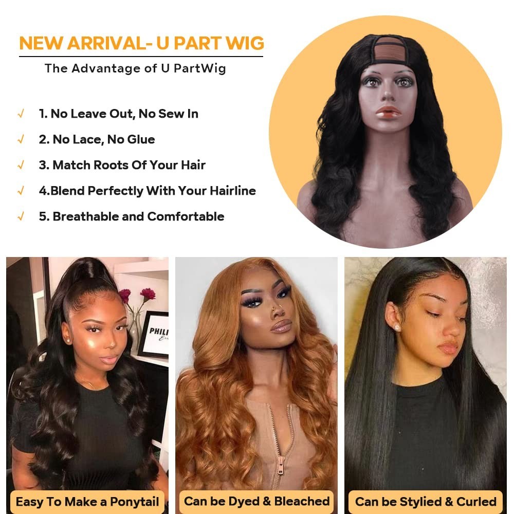 250% Density U Part Human Hair Wig Body Wave 22″ Clip-In for Black Women, No Lea