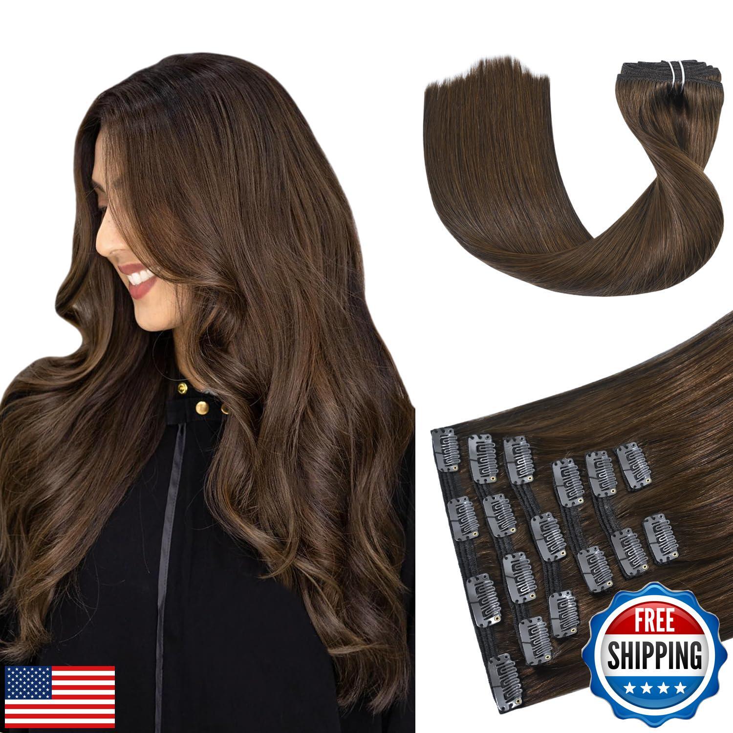 HUAYI Medium Brown Clip in Hair Extensions Real Human Hair, 14 inch 120g 7Pcs