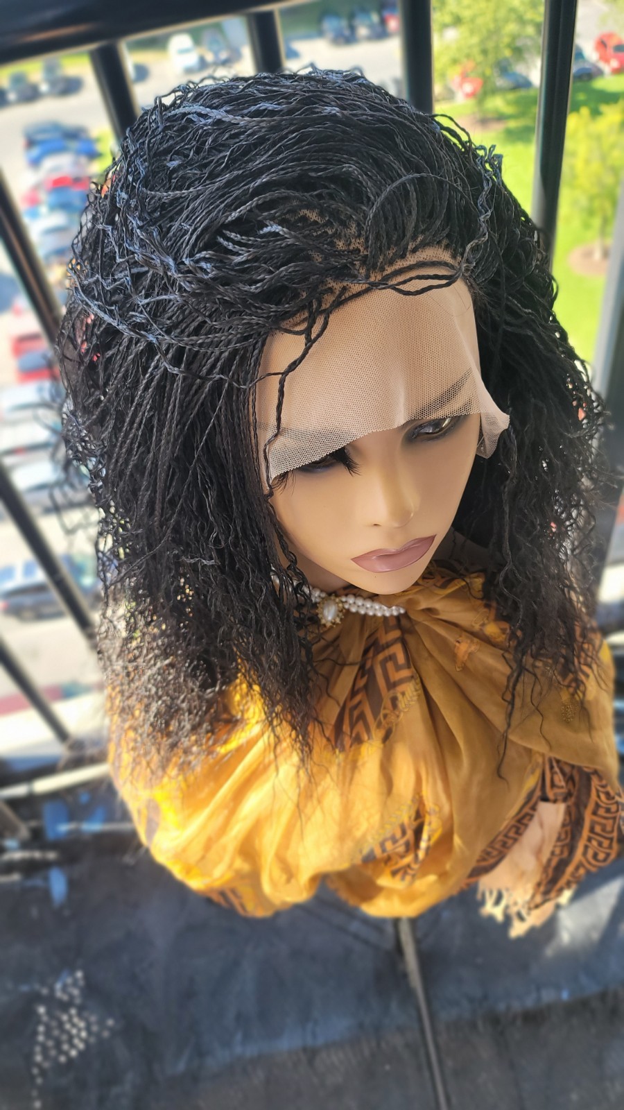 Braided Wig 16″ Micro Boho Braids Jet Black Full Lace Glueless Handmade Curly