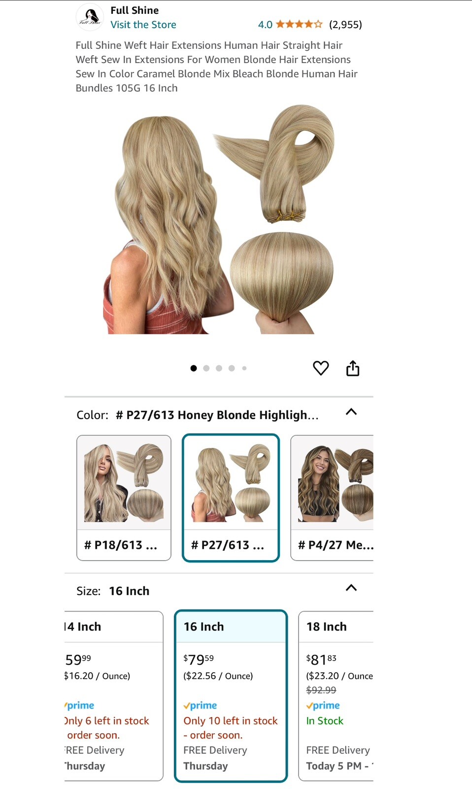 16 INCH FULL SHINE CARAMEL BLONDE REMY HUMAN HAIR SEW IN WEFT / 105g / NEW