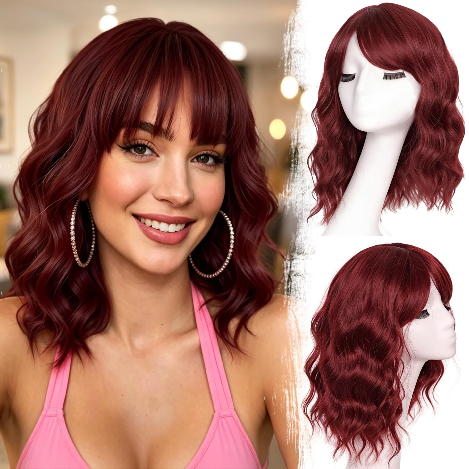 Black Mixed Brown Wig with Bangs Short Wavy Bob Wigs for Women Synthetic 14 Inch
