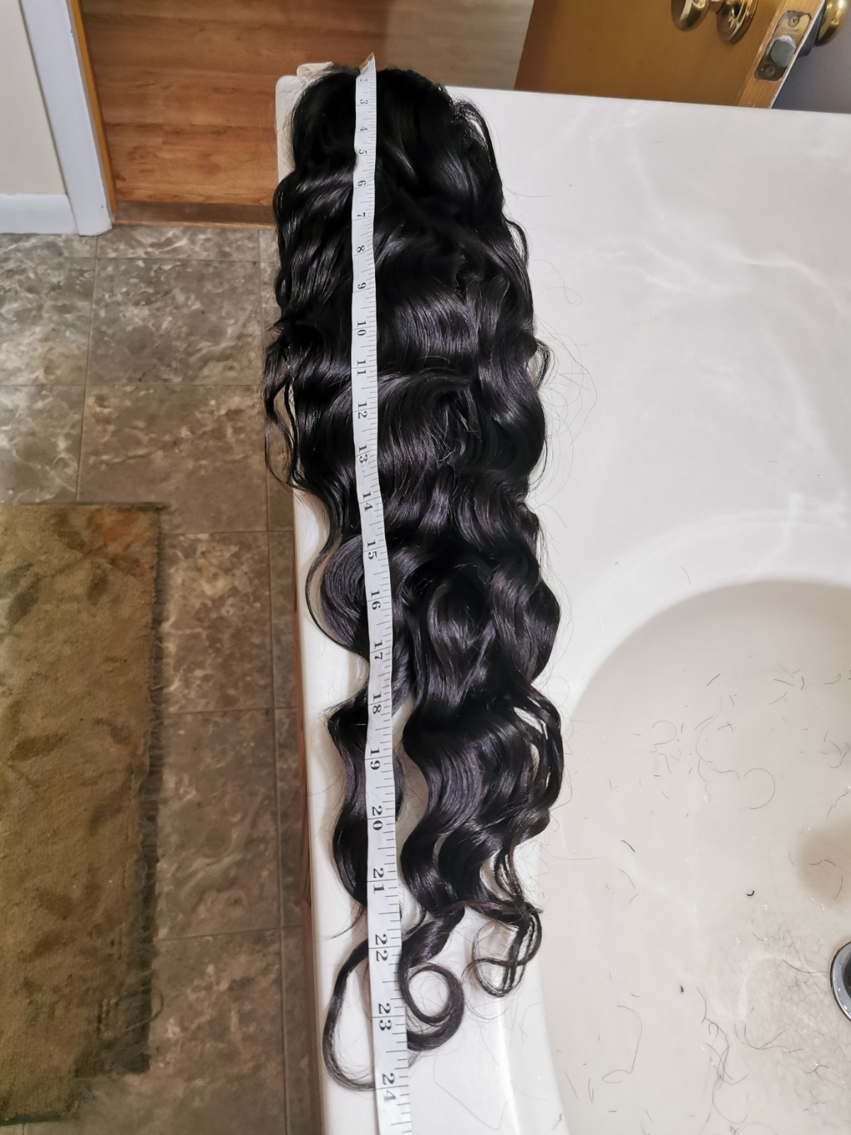 Quality Natural Black Wavy Human Hair Glueless Bleach Closure Wig 24″