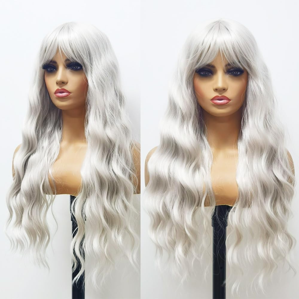 Platinum Blonde Wig with Bangs White Blonde Color Wig Wet and Wavy Long Loose…