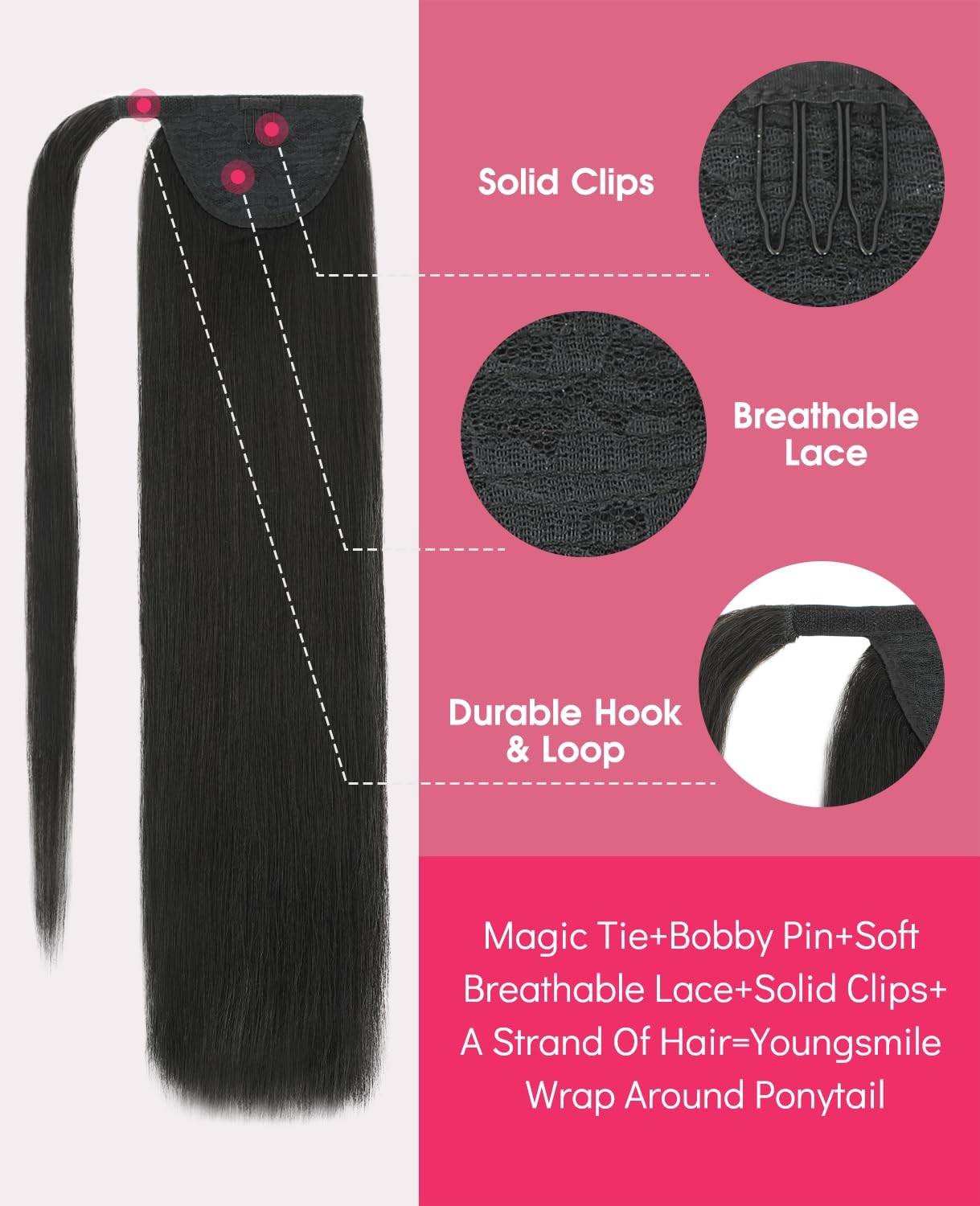 Youngsmile Hair Extensions Ponytail Extensions Human Hair 14 Inch 65G Wrap