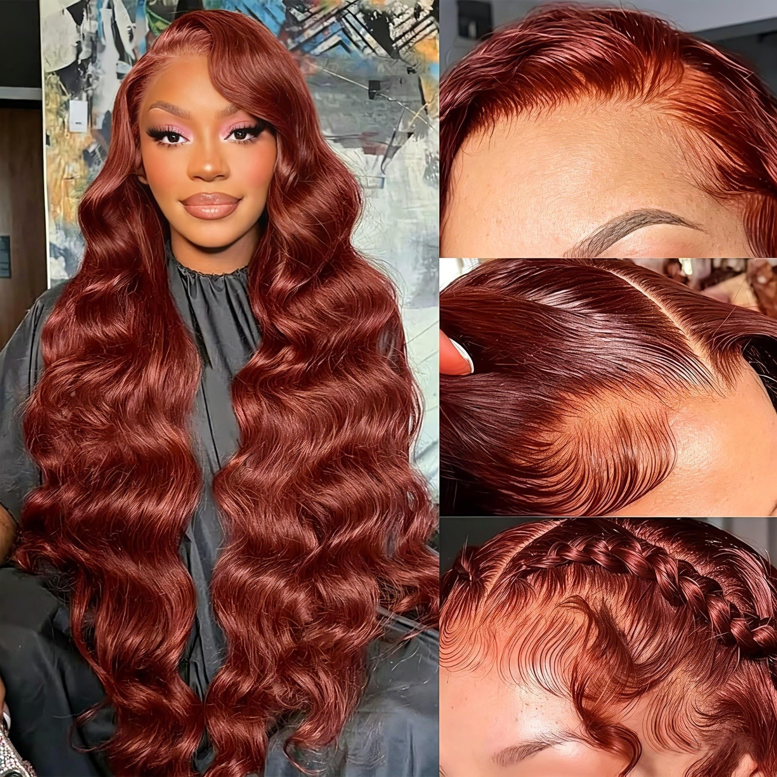 30″ Reddish Brown Lace Front Wig, 13×6 Auburn Human Hair, 180% Density, Body Wav